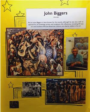 Photo of bulletin board showing the artwork of John Biggers.